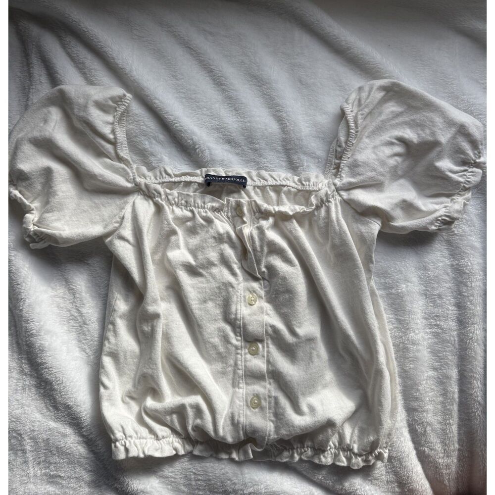 Brandy Melville Ivory Cream Puff Sleeve Button Front Top Coquette